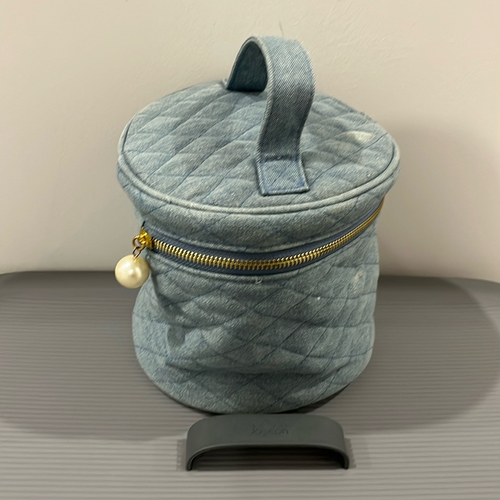 Japanese style make up pouch denim travel with pearl zipper